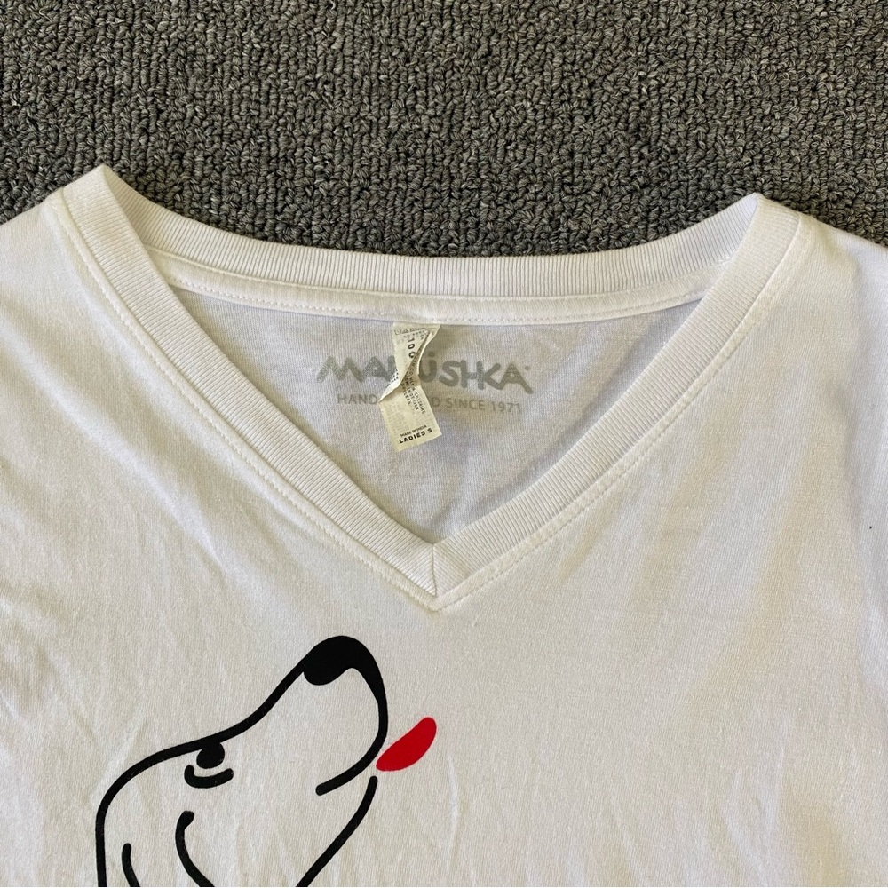 Marushka Tee White Dog V Neck Long Sleeve Hand Printed Artsy Coastal Women's S - Picture 5 of 11